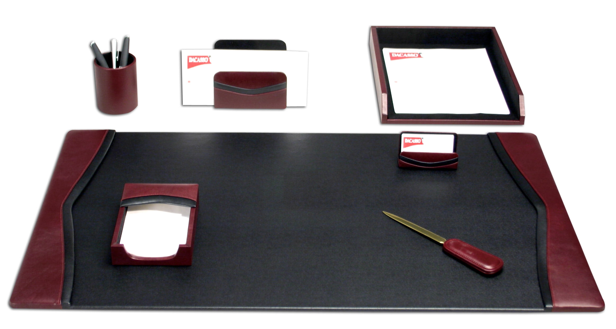 Burgundy and Black Leather 7-Piece Desk Organizer Set