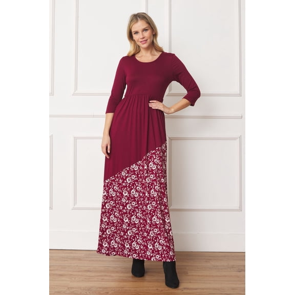 Burgundy Contrast Asymmetrical Floral Accent 3/4 Sleeve Maxi Dress