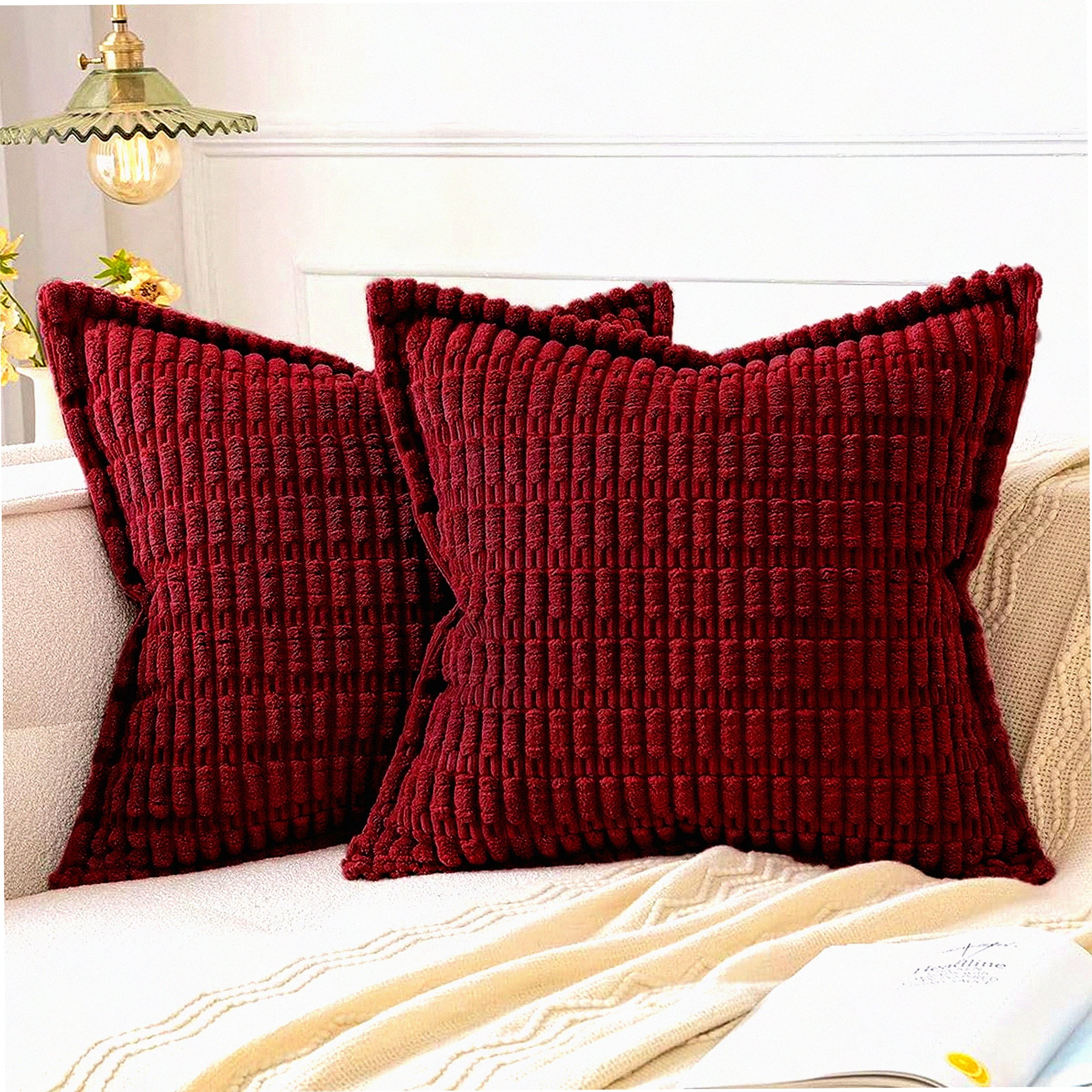 Burgundy Corduroy Textured Euro Pillow Covers 18x18 Inch Set