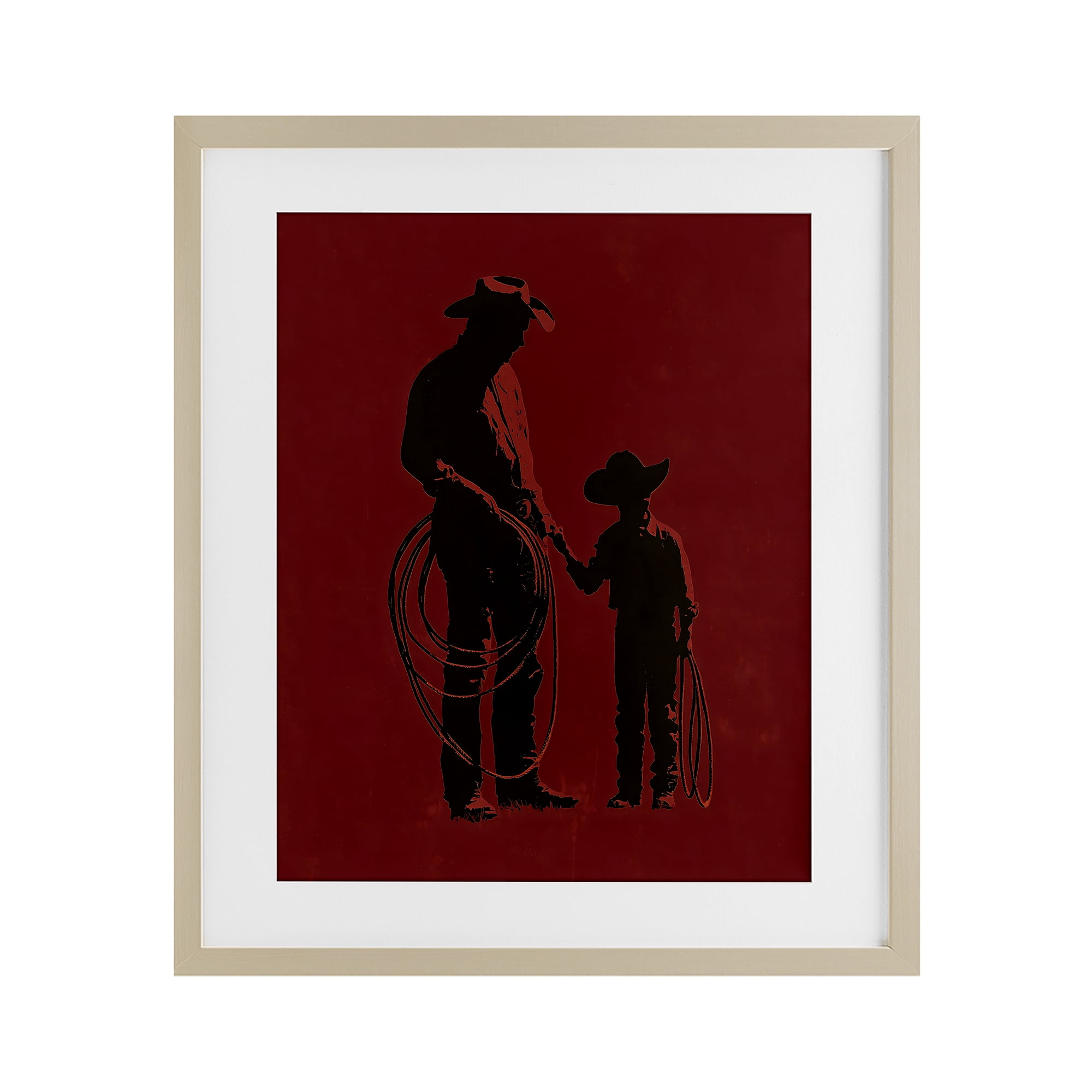 Burgundy Cowboy Father & Son Birch Framed Print Under Glass, design by Arlington Prints
