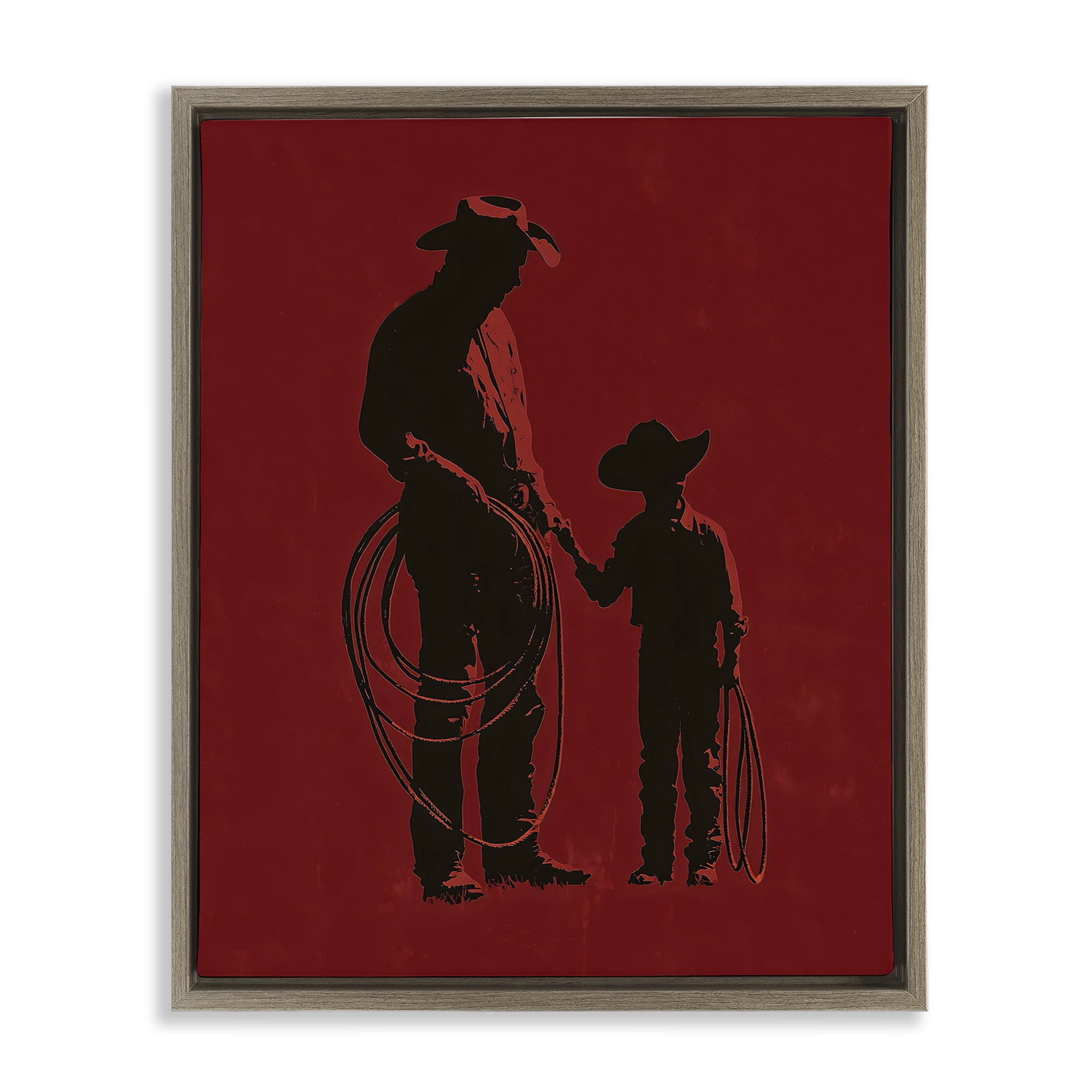 Burgundy Cowboy Father & Son Brown Framed Floater Canvas Wall Art, design by Arlington Prints