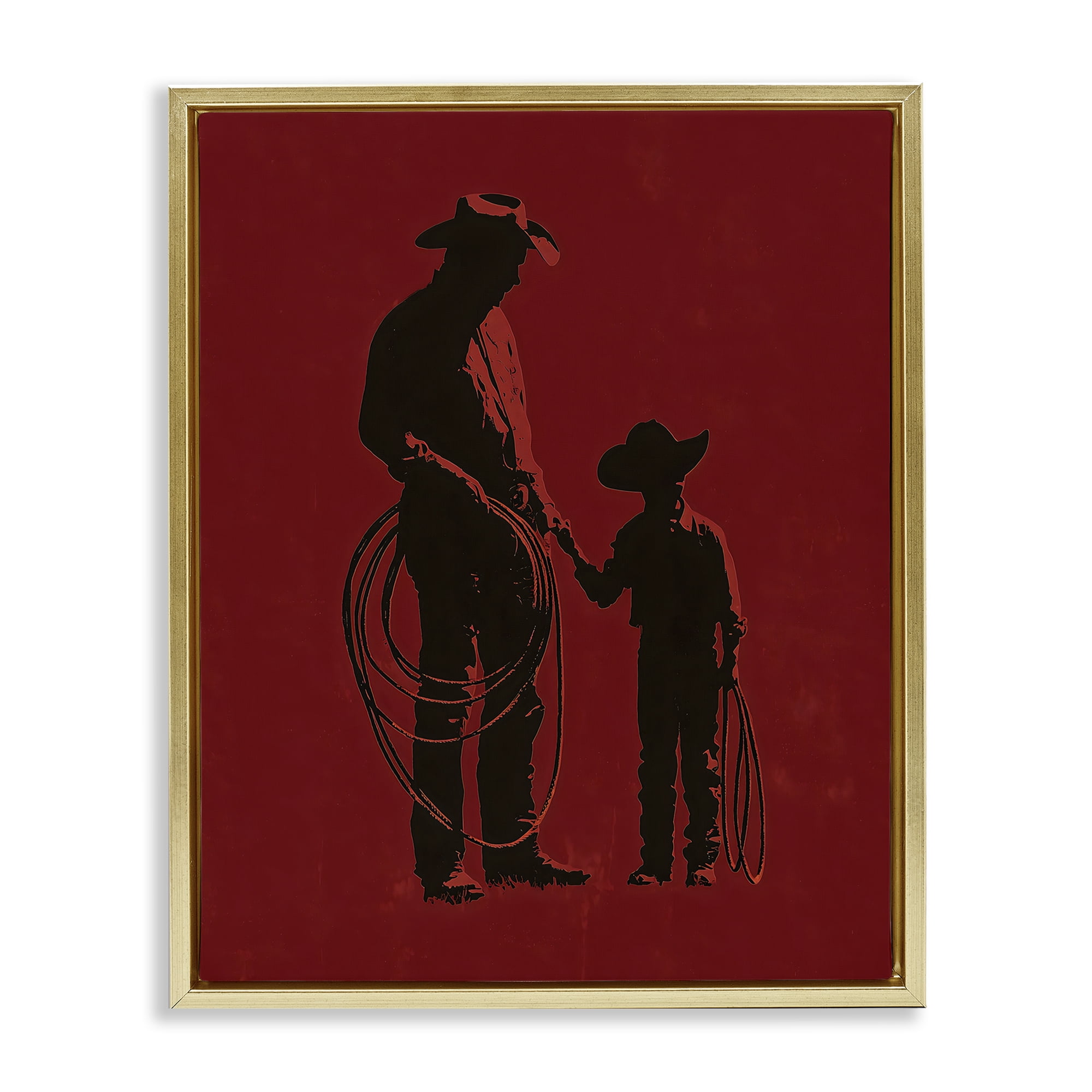 Burgundy Cowboy Father & Son Gold Framed Floater Canvas Wall Art, design by Arlington Prints