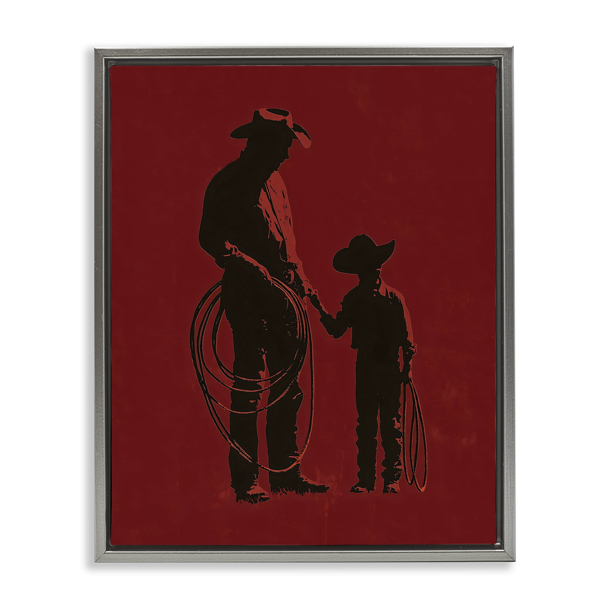 Burgundy Cowboy Father & Son Gray Framed Floater Canvas Wall Art, design by Arlington Prints