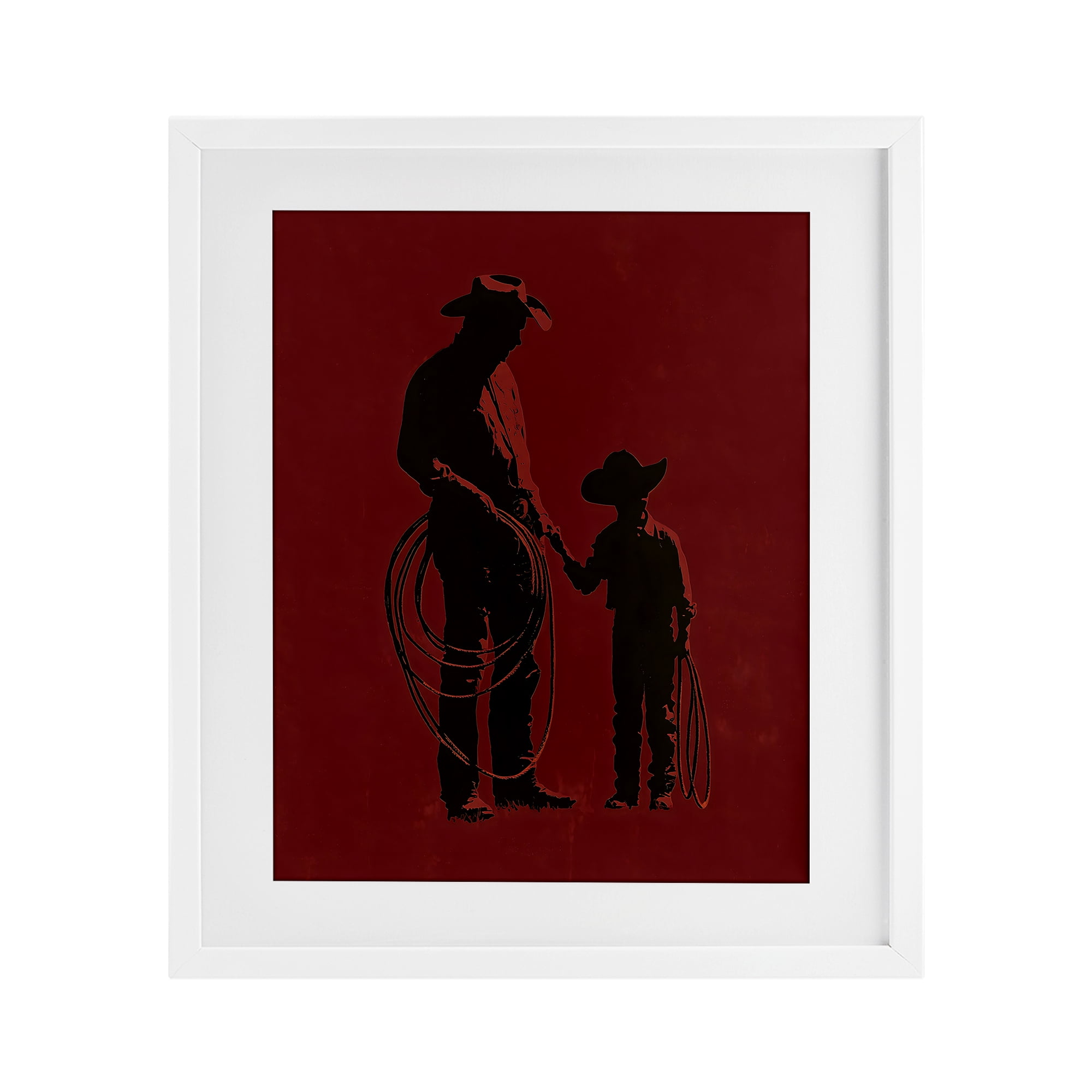 Burgundy Cowboy Father & Son White Framed Print Under Glass, design by Arlington Prints