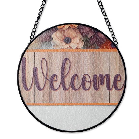 Burgundy Cream Fall Flower Suncatcher Stained Glass Style UV Printed Glass Autumn Welcome Round