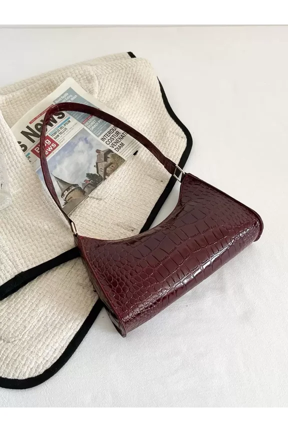 Burgundy Croc-Embossed Mini Shoulder Bag With Adjustable Strap