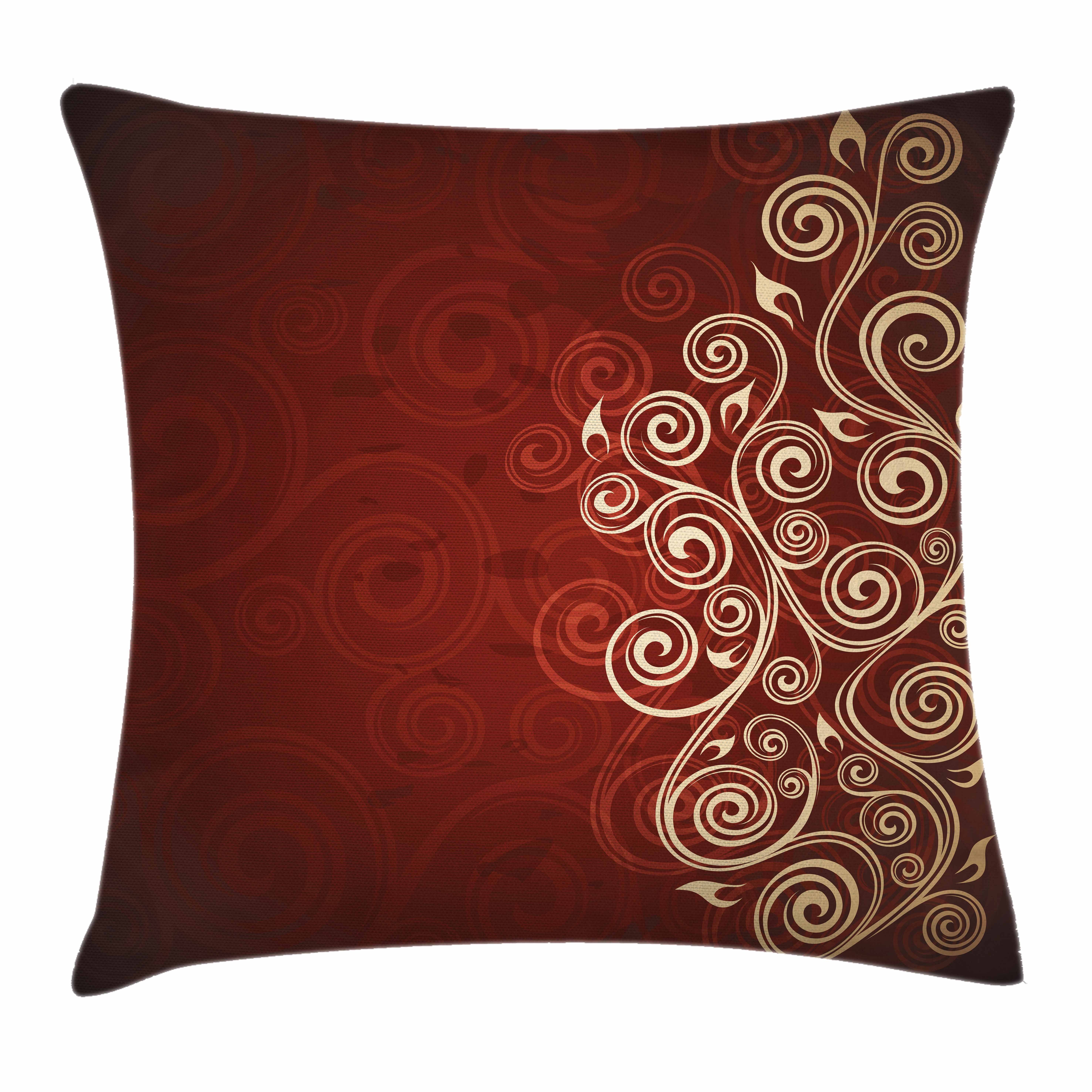 Burgundy and Cream Floral Polyester Square Throw Pillow