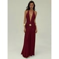 thumbnail image 1 of Burgundy Deep V Halter Maxi Dress With Gold-Tone Shell Medallion Detail For Summer Beach Vacation, 1 of 8