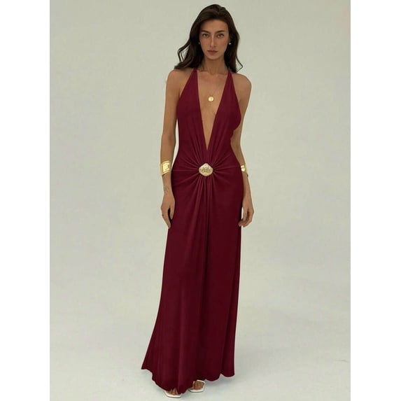 Burgundy Deep V Halter Maxi Dress With Gold-Tone Shell Medallion Detail For Summer Beach Vacation