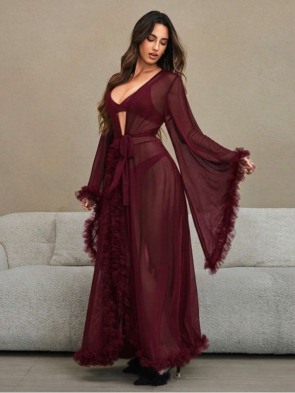 Burgundy Deep V-Neck Tie Front Sheer Mesh Long Sleeve Robe With Feather Trim