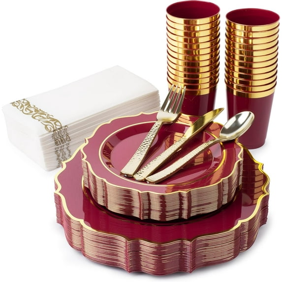 Burgundy Disposable Plates – Wine Red Plastic Plates Maroon Plates Burgundy Plates for Party Includes Cups Silverware Napkins Disposable Plates for Weddings (Burgundy, 25 Guests)