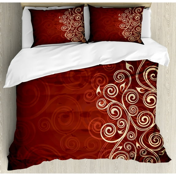 Burgundy Duvet Cover Set, Floral Swirls Ivy Image Ombre Details Grunge Backdrop Flower Art, Decorative 3 Piece Bedding Set with 2 Pillow Shams, King Size, Cream Ruby, by Ambesonne