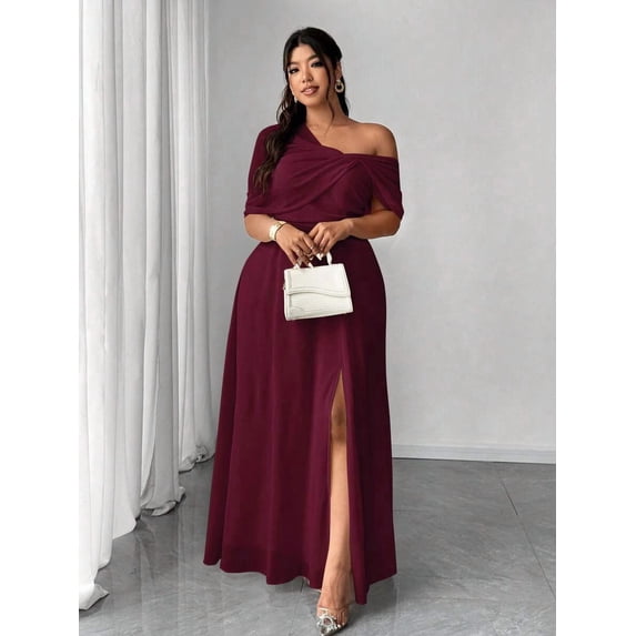 Burgundy Elegant One-Shoulder Chiffon Maxi Dress With High Side Slit For Wedding Party Event