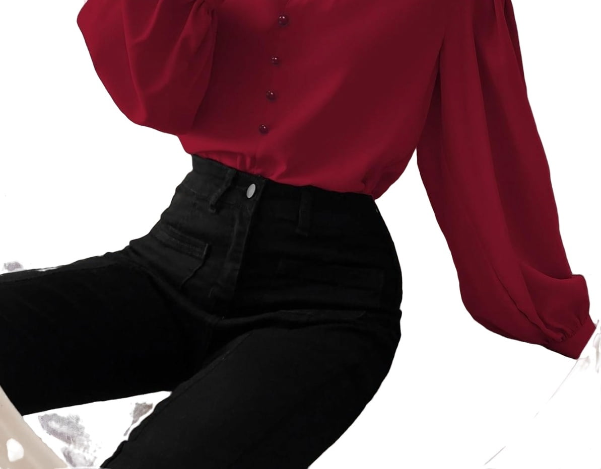 Burgundy Elegant Plain Shirt Stand Collar Women's Blouses