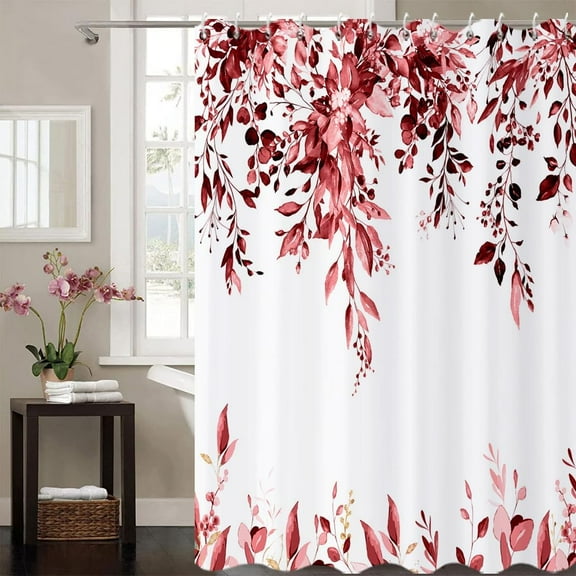 Burgundy Eucalyptus Leaves Shower Curtain, Red and Gold Watercolor Leaves Botanical Plants Bathroom Curtain Waterproof Fabric Machine Washable with Hooks, 36" Wx72 L