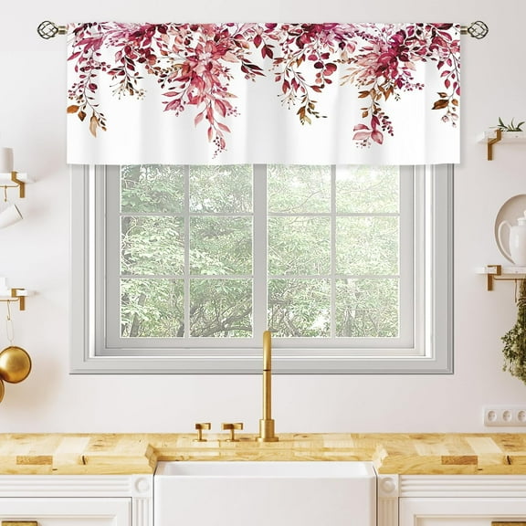 Burgundy Eucalyptus Leaves Valances Kitchen Curtains Rustic Watercolor Red Flower Floral Window Drapes Plant Botanical Bedroom Bathroom Living Room Treatment Tier Fabric 1 Panel 52Wx18H Inch