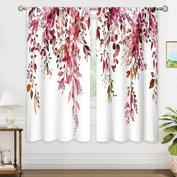 Burgundy Eucalyptus Leaves Window Curtains Rustic Watercolor Red Flower Floral Plant Botanical Farmhouse Curtain Drapes Herb Curtains for Bedroom Living Room Treatment 2 Panels 42Wx63H Inch