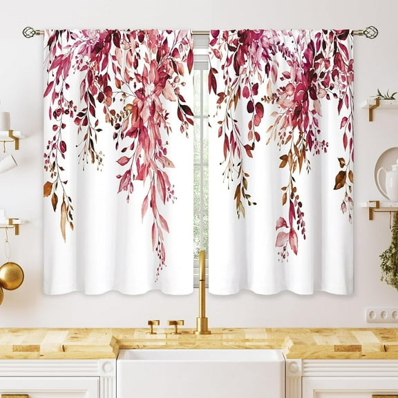 Burgundy Eucalyptus Small Kitchen Curtains Watercolor Red Leaves Window Treatment Flower Floral Plant Botanical Cafe Short Curtains for Bathroom Dining Fall Tier Treatment Drapes 26x36 inch