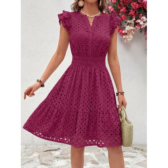 Burgundy Eyelet Cap Sleeve V-Neck A-Line Tiered Sundress For Women