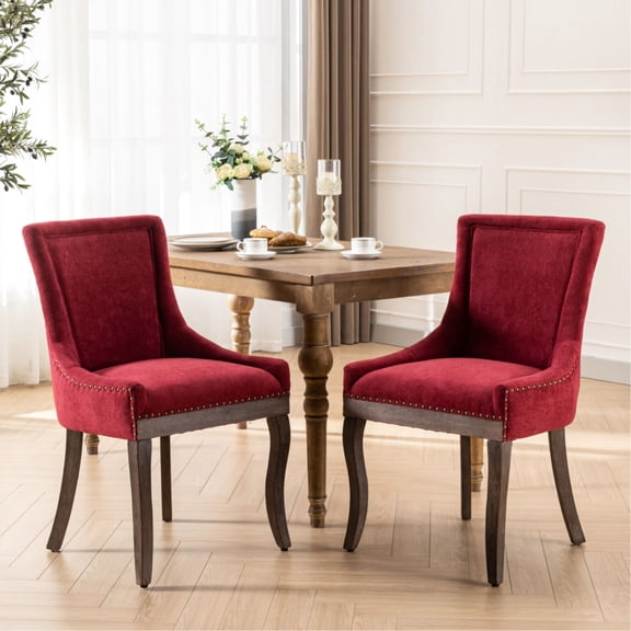 Burgundy Fabric Chairs with Decorative Nail Heads / Noble Look in Dining Areas