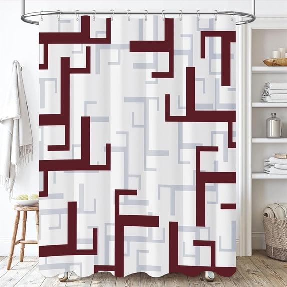 Burgundy Fabric Shower Curtain, Geometric Cloth Shower Curtain Set with 12 Plastic Hooks, Water Repellent, Machine Washable, Hotel Modern Decorative Polyester Shower Curtains for Bathroom, 72x72