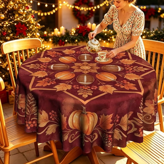 Burgundy Fall Floral Pinecone Pumpkin Pattern Polyester Round Tablecloth,35/50/60/70 inch,Family Dinner Gathering Table Decor