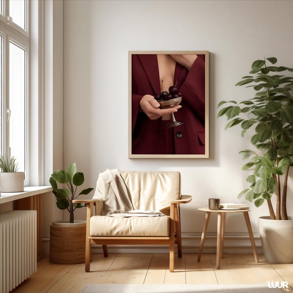 Burgundy Fashion Photography Cherry Still Life Wall Art, Stretched Canvas Size 8x12