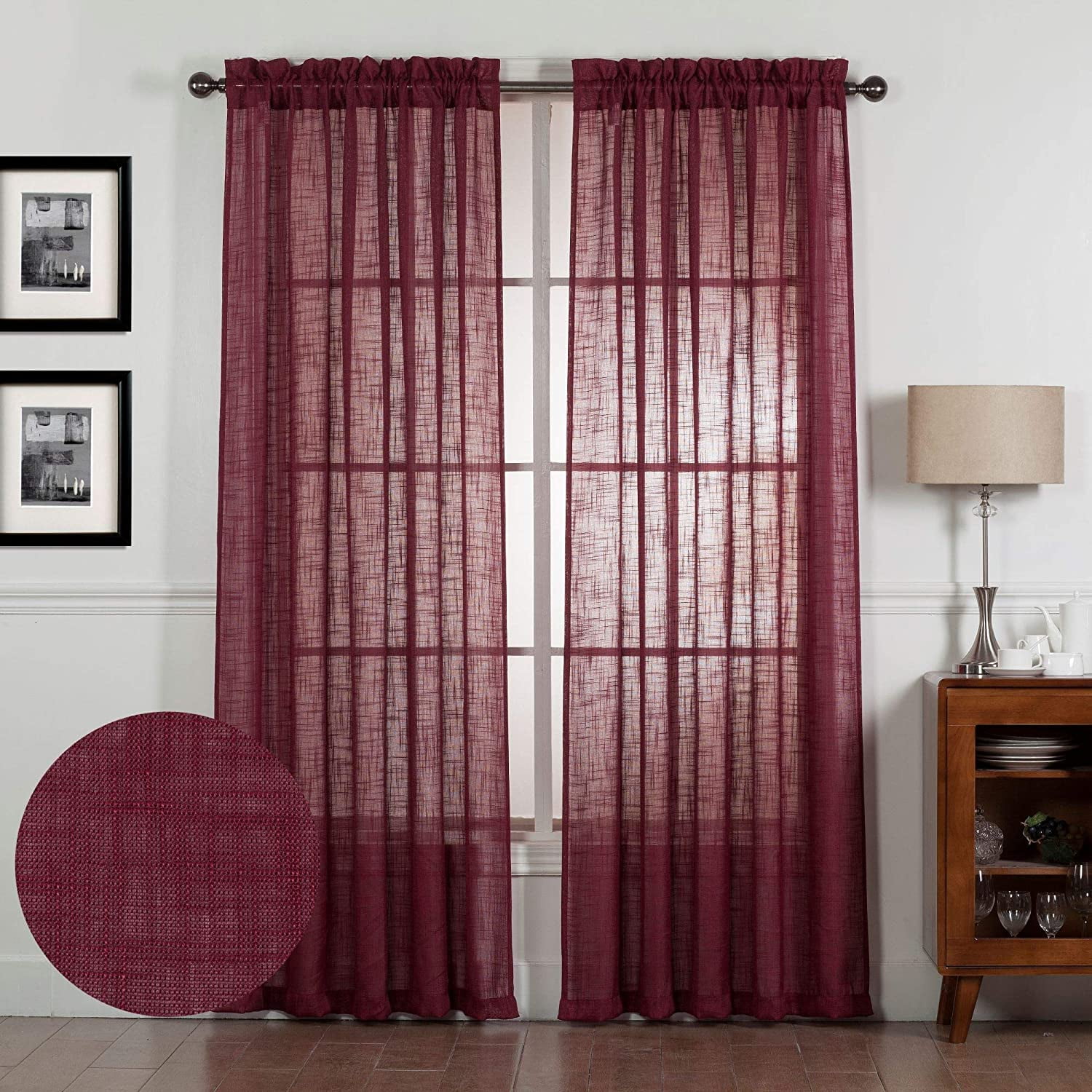 Burgundy Faux Linen Solid Color Semi Voile Window Curtains for Bedroom and Living Room Set of 2 Panels, Burgundy, 63" Long