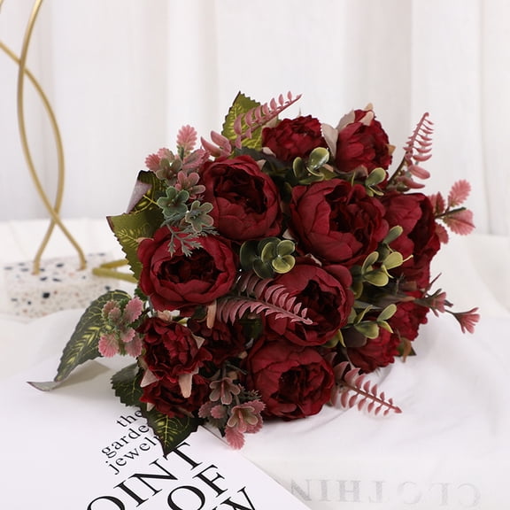 Burgundy Faux Peony Flowers with Silk Design, 12 Inch, for Dining Table Centerpiece Decor, Artificial Flower Bouquet