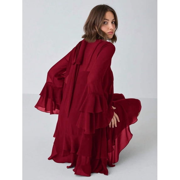 Burgundy Flare Sleeve Ruffle Hem Mini Dress with Tie Neck