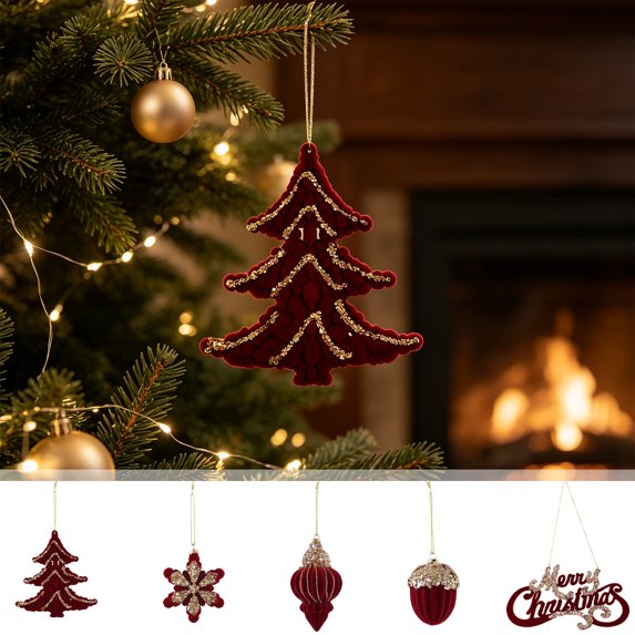 Burgundy Flocked Christmas Ornament, 5.12 Inch Vintage Christmas Tree Hanging Decor, Plush Red Holiday Ornament for Christmas Tree Home Party Decoration