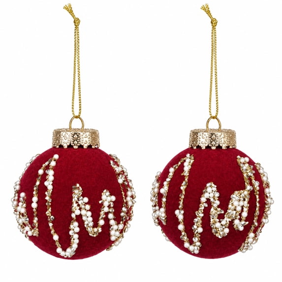 Burgundy Flocked Christmas Tree Ornaments with Pearl Rhinestone, Luxury Shatterproof Christmas Tree Decorations for Mantel Wreath, 2pcs