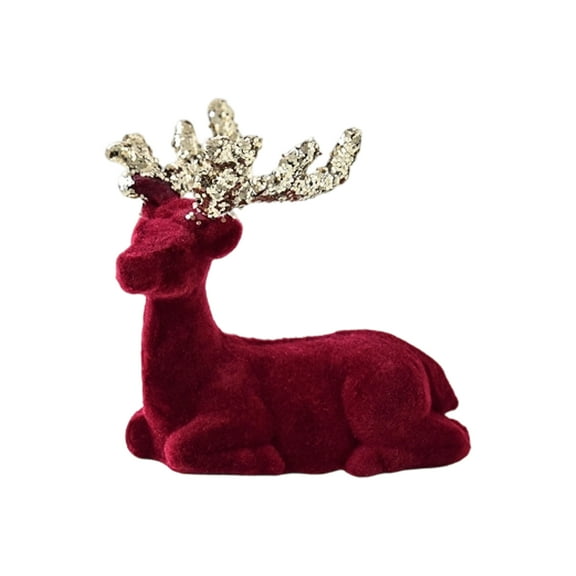 Burgundy Flocked Reindeer Christmas Table Decor – Velvet Standing Deer Figurine, Elegant Holiday Desktop Ornament for Living Room, Fireplace, Mantel & Home Xmas Decorations