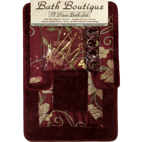 Burgundy Floral 15 Pcs Bathroom Shower Curtain with Hooks Bath Contour Rug Set