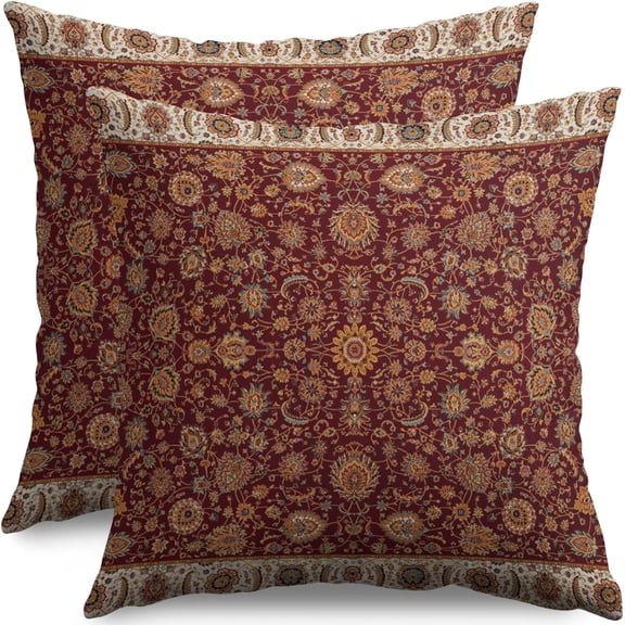 Burgundy Floral Block Print Pillow Covers 16x16 Set of 2 Vintage Persian Tabriz Rug Design Carpet Pattern Decorative Throw Pillow Cases Outdoor Farmhouse Modern Boho Decoration for Sofa Couch Bed