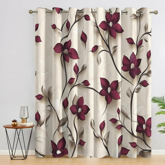 Burgundy Floral Curtains For Bedroom, Flower Blackout Curtains 2 Panels Set, Botanical Window Curtains For Living Room Home Decor, Patterned Grommet Drapes-38"W x 54"L (Pack of 2)