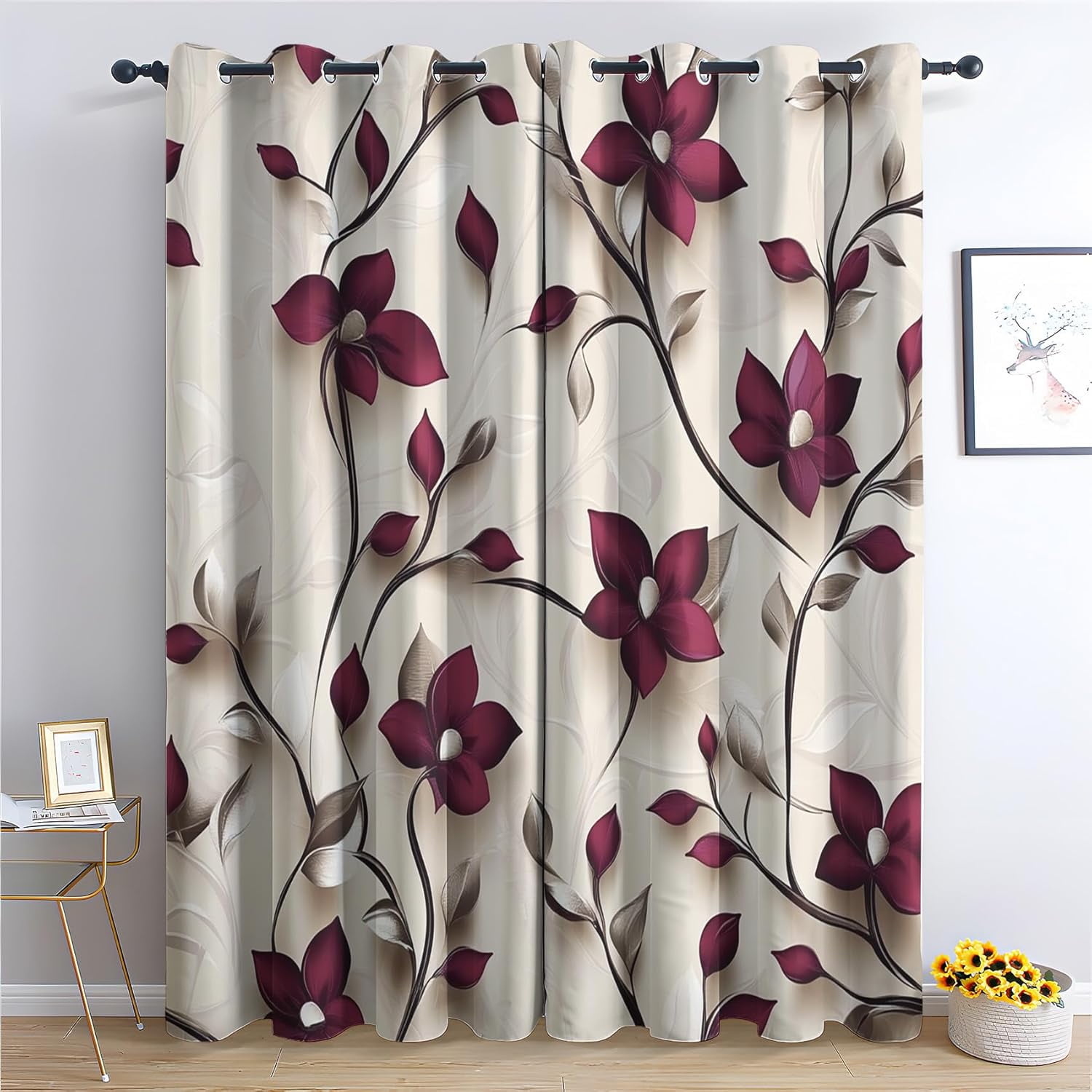 Burgundy Floral Curtains, Flower Blackout Curtains for Bedroom, Vintage Window Curtains, Botanical Home Decor Curtains for Living Room, Grommet Drapes 2 Panels-52"W x 84"L (Pack of 2)