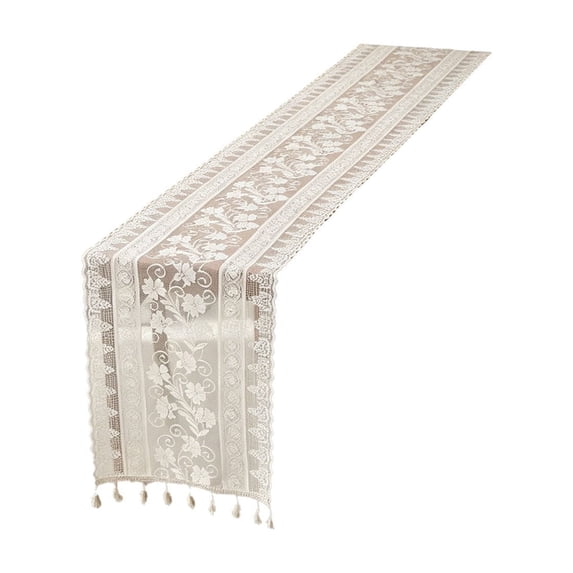 Burgundy Floral Embossed Table Runner, Polyester Fabric With Tassel Detail, Vintage Farmhouse Linen for Dining Table Layout, Kitchen Decor and Home Festive Arrangement
