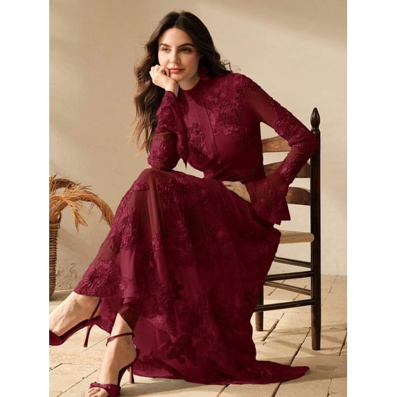 Burgundy Floral Embroidered High-Neck Long Sleeve Maxi Dress For Women
