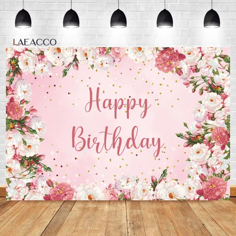 Burgundy Floral Happy Birthday Backdrop Rose Gold Glitter Bokeh Spots ...