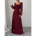 thumbnail image 1 of Burgundy Floral Mesh Sleeve Maxi Dress With Sweetheart Neck, Ruched Waist And Side Slit Evening Gown, 1 of 8