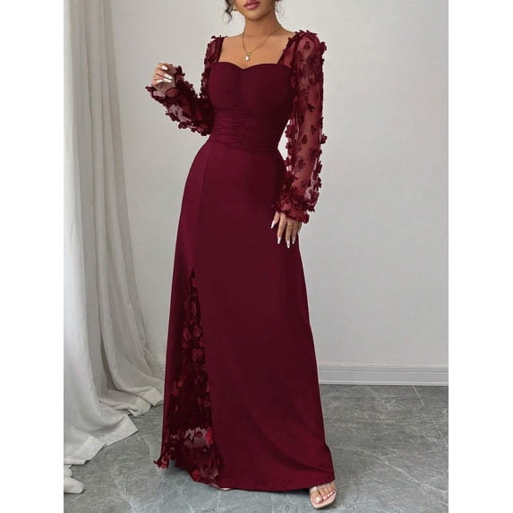 Burgundy Floral Mesh Sleeve Maxi Dress With Sweetheart Neck, Ruched Waist And Side Slit Evening Gown