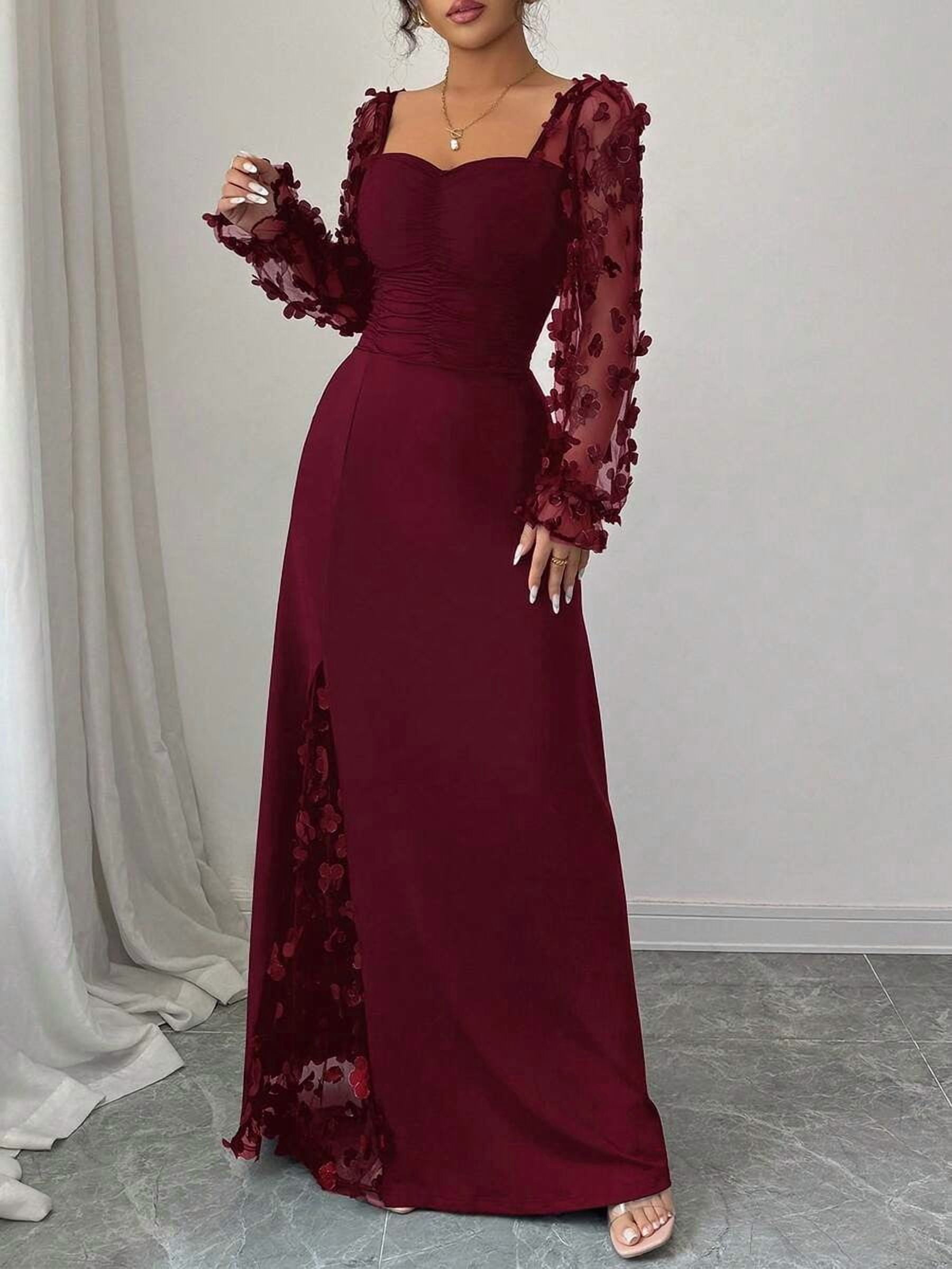 burgundy maxi dress with slit Summer Luxury Halter Neck Cape Sleeve Sequin High Slit Burgundy Red Party Maxi Dress, Women's Elegant Ball Gown, Birthday, Wedding, Vacation Outfit