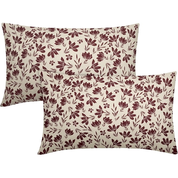Burgundy Floral Pillow Covers 12x20 Set of 2 Vintage Rustic Old Style Cute Small Flower Cream Print Rectangle Decorative Outdoor Pillowcases Farmhouse Throw Cushion Case Couch Sofa Bed Decor