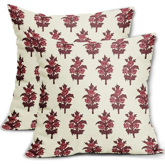 Burgundy Floral Pillow Covers 16x16 Set of 2 Spring Summer Flower Leaves Print Decorative Throw Pillow Cases Outdoor Farmhouse Decoration for Sofa Couch Bed