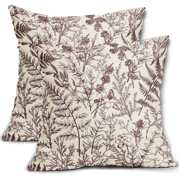 Burgundy Floral Pillow Covers 18x18 Set of 2 Botanical Print Vintage Spring Flower Plant Cream Decorative Throw Pillow Cases Outdoor Farmhouse Cushion Covers Decor for Sofa Couch Bed