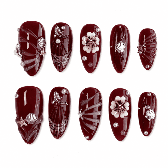 Burgundy Floral Seashell Press on Nails Short Almond Fake Nails with Pearl 3D Designs Burgundy Red Full Cover Adhesive Press Ons Shiny Acrylic False Nails for Women Girls Holiday Gift 30 Pcs