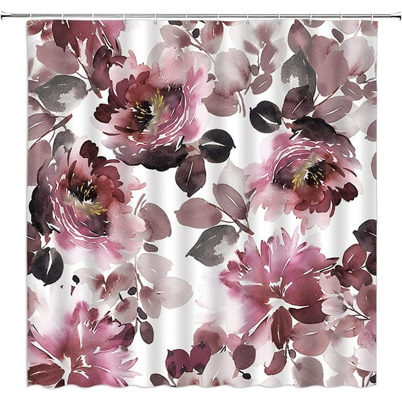 Burgundy Floral Shower Curtain Watercolor Flower Blooms Rustic Spring Rose Botanical Vintage Woman Fabric Home Bathroom Decor Set with Hooks（70" Wx84 H）