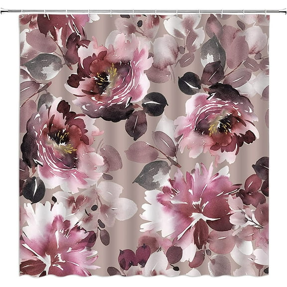 Burgundy Floral Shower Curtain Watercolor Flower Blooms Rustic Spring Rose Botanical Vintage Woman Fabric Home Bathroom Decor Set with Hooks(84" Wx70 H)