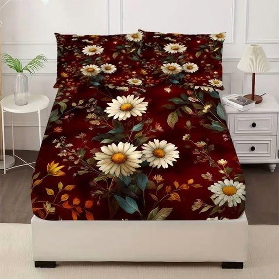 Burgundy Floral Symphony 3-Piece Bed Sheet Set - Ultra-Soft Fitted Sheet & Pillowcases, Perfect Bedding for Kids, Teens, and Adults